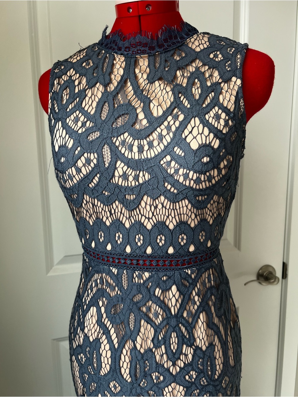 Sleeveless Navy Lace Sheath Dress with Nude Lining